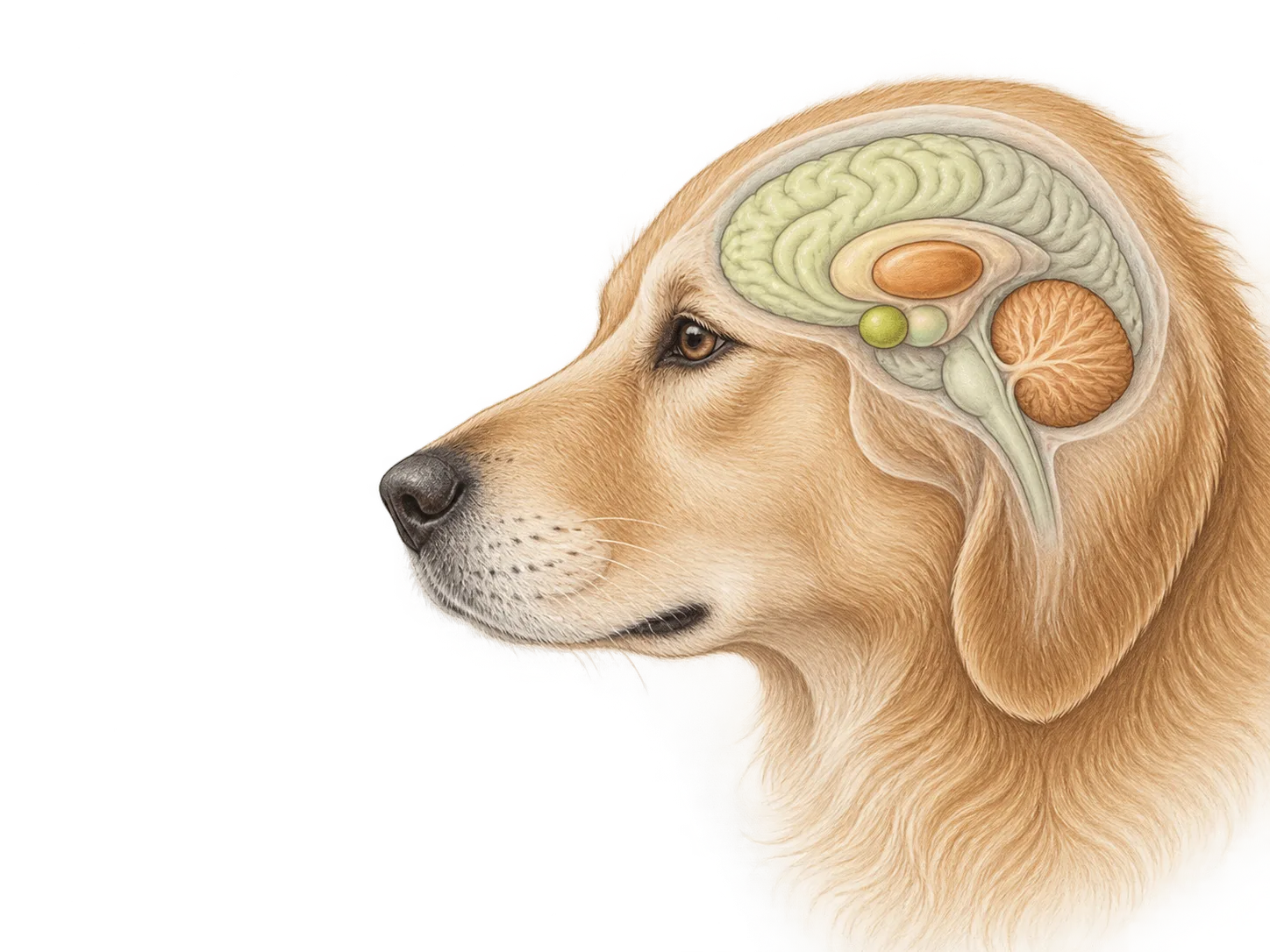 Illustration of the brain and brain stem in a dog's head